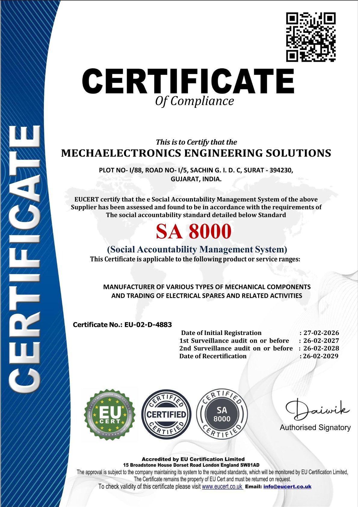 SA 8000 Certified Certificate